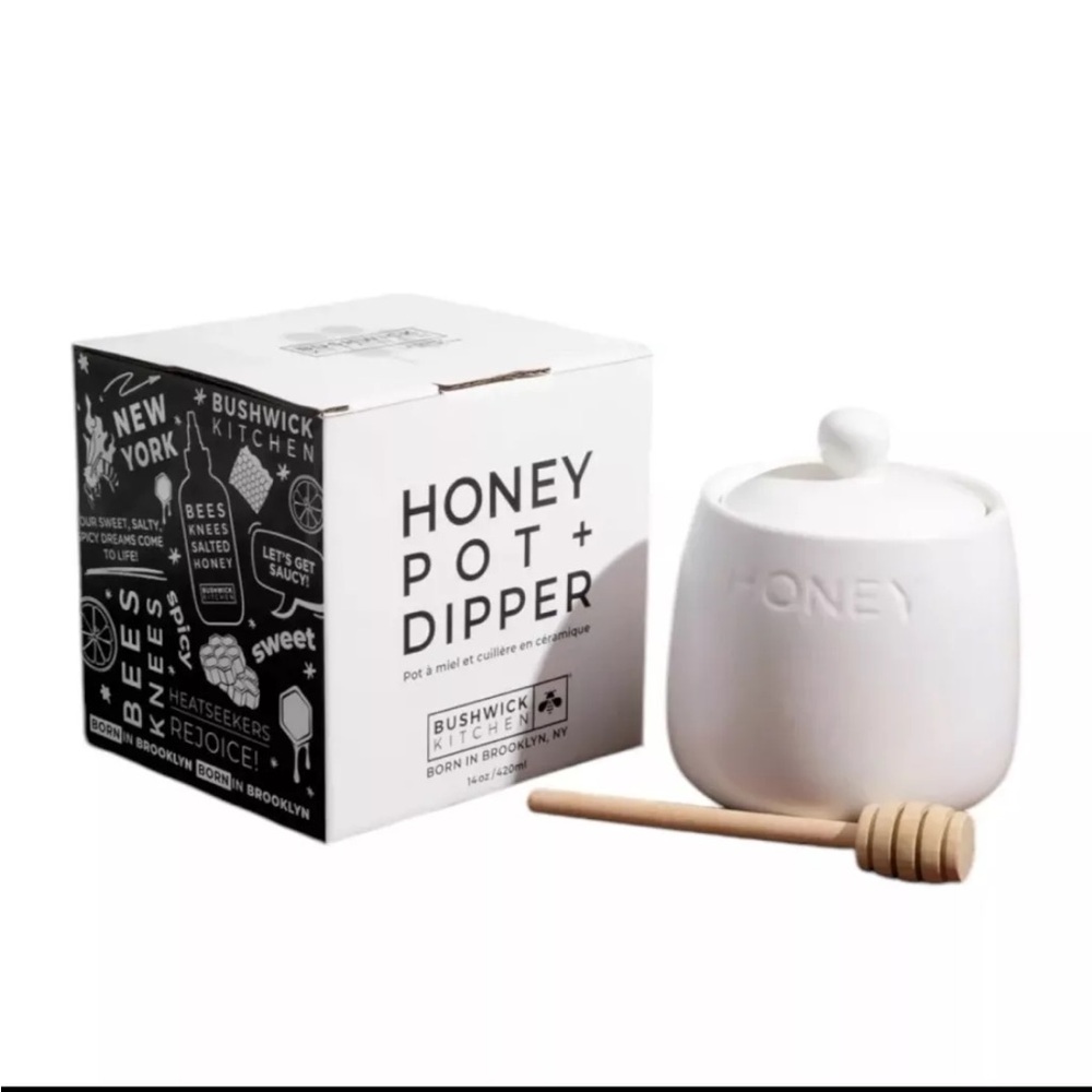 NEW Bushwick Kitchen Honey Pot With Dipper jar lid NEW IN BOX